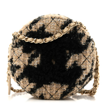 CHANEL Tweed Shearling Round Clutch With Chain and Coin Purse Beige Black