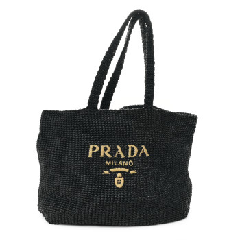 PRADA Yarn Raffia Effect Crochet Logo Tote Black
