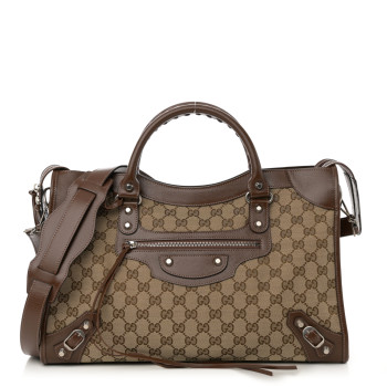 BALENCIAGA X GUCCI GG Monogram Azalea Calfskin Neo Classic Silver Hardware Medium City Beige Ebony Brown Sugar