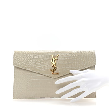 SAINT LAURENT Calfskin Crocodile Embossed Uptown Monogram Clutch Crema Soft