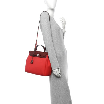 HERMES Toile Officier Vache Hunter Herbag Zip Retourne 31 PM Bougainvillea Rouge H