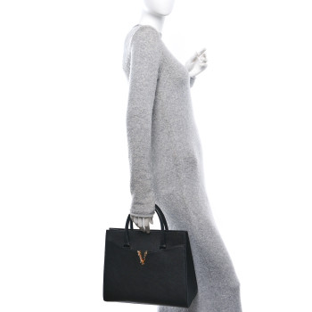 VERSACE Grained Calfskin Large Virtus Top Handle Shoulder Bag Black