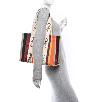 CHLOE Cotton Calfskin Medium Woody Striped Tote Multicolor