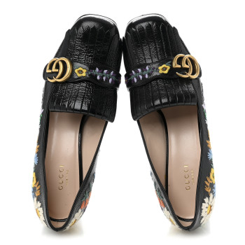 GUCCI Skipper Calfskin Floral Embroidered GG Marmont Fringe 50mm Loafer Pumps 40 Black