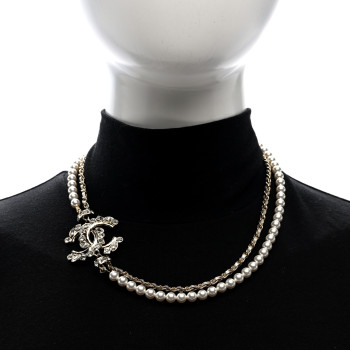 CHANEL Pearl Crystal Metallic Lambskin CC Choker Necklace Gold