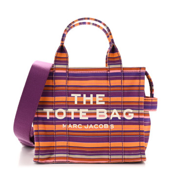 MARC JACOBS Cotton Canvas Striped Mini The Traveler Tote Bag Purple Multicolor