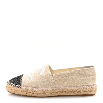 CHANEL Toile Sequin CC Espadrilles 39 Beige Black