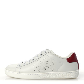 GUCCI Calfskin Interlocking G Perforated Womens Ace Sneakers 36.5 White Hibiscus Red