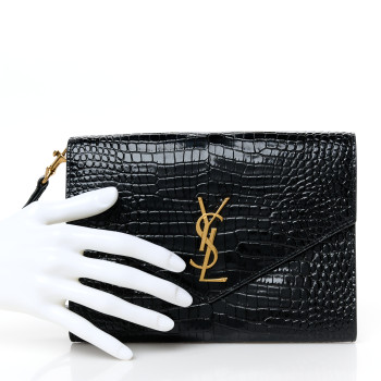 SAINT LAURENT Calfskin Crocodile Embossed Monogram Cassandre Flap Pouch Black