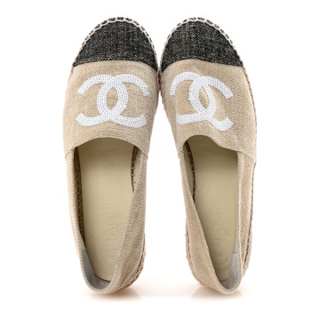 CHANEL Toile Sequin CC Espadrilles 39 Beige Black