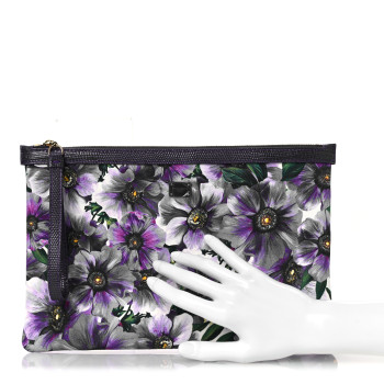 DOLCE & GABBANA Canvas Vitello Iguana Embossed Anemone Print Pouch Purple