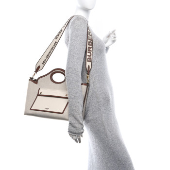 BURBERRY Canvas Smooth Calfskin Small Pocket Tote Soft Fawn Ecru