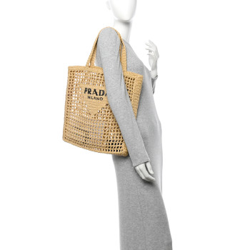 PRADA Yarn Raffia Effect Crochet Logo Embroidered Tote Bag Naturale