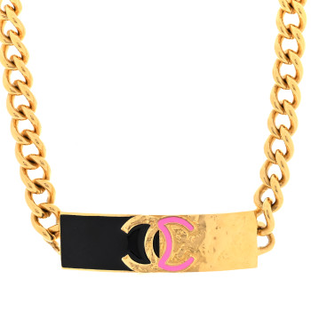 CHANEL Metal Enamel CC ID Choker Necklace Gold Black Pink