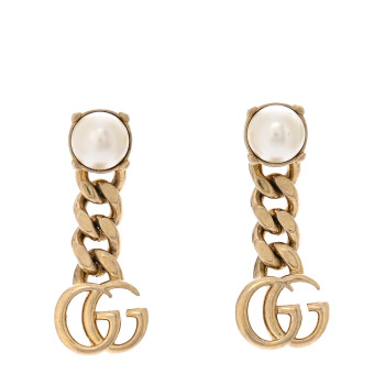 GUCCI Metal Pearl Double G Chain Drop Earrings Gold