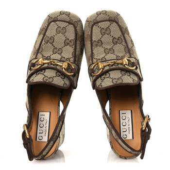 GUCCI Monogram Kid Scamosciato Horsebit Platform 25/85mm Slingback Mules 35.5 Beige Ebony New Acero