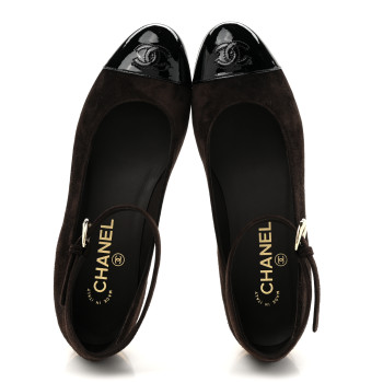 CHANEL Suede Patent Cap Toe CC Mary Jane Flats 38 Dark Brown Black