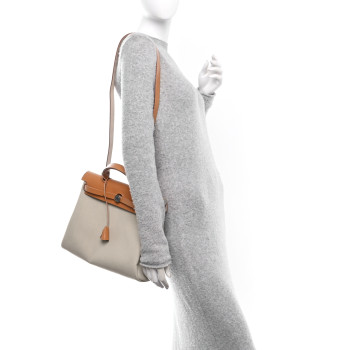HERMES Military Toile Vache Hunter Herbag Zip Retourne 31 PM Beton Naturel