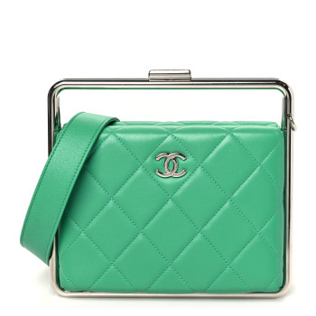 CHANEL Quilted Lambskin Metal Bar Clutch Bag Green