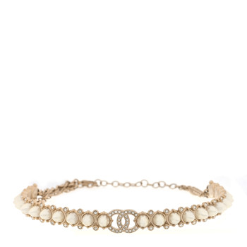 CHANEL Strass Crystal Studded Pearl CC Choker Necklace Gold Pearly White