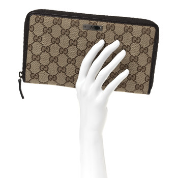 GUCCI Monogram Metal Bar Zip Around Travel Wallet Dark Brown