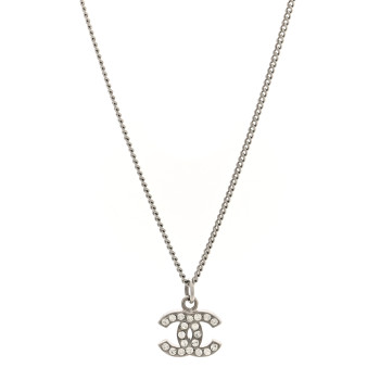 CHANEL Crystal CC Pendant Necklace Silver