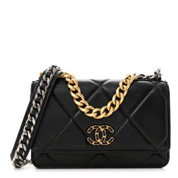 CHANEL Lambskin Quilted Chanel 19 Wallet On Chain WOC Black