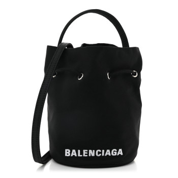 BALENCIAGA Recycled Sport Nylon Logo Embroidered Wheel Drawstring Bucket Bag Black White