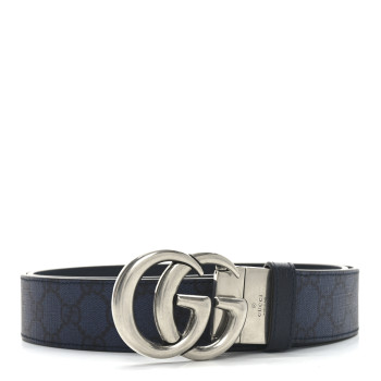 GUCCI GG Supreme Monogram Plutone Calfskin Palladium Double G Reversible 37mm Belt 110 44 Black Blue