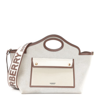 BURBERRY Canvas Smooth Calfskin Small Pocket Tote Soft Fawn Ecru