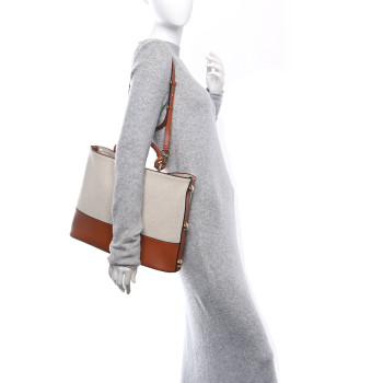 SALVATORE FERRAGAMO Canvas Calfskin Glam Tote Beige Brown