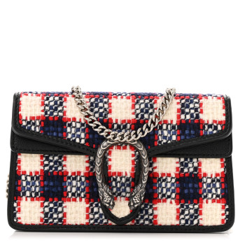GUCCI Vintage Tweed Check Super Mini Dionysus Shoulder Bag White Hibiscus Red Marine