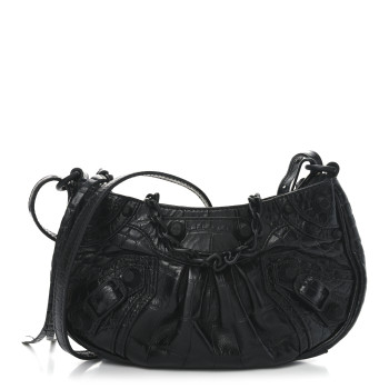 BALENCIAGA Extra Supple Calfskin Crocodile Embossed Le Cagole Mini Purse With Chain Black