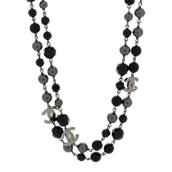 CHANEL Pearl Bead Enamel CC Long Necklace Silver Black Grey