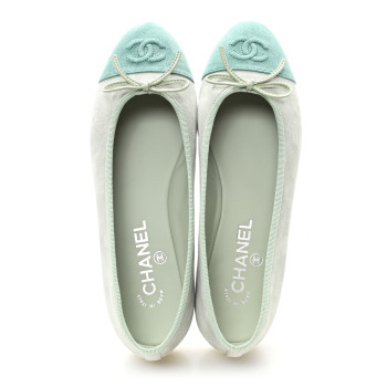 CHANEL Suede Cap Toe CC Ballerina Flats 38 Light Green Green