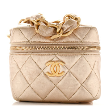CHANEL Metallic Lambskin Quilted Cube Chain Wristlet Case Gold