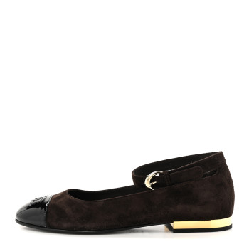CHANEL Suede Patent Cap Toe CC Mary Jane Flats 38 Dark Brown Black