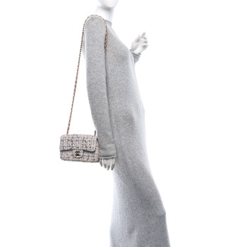 CHANEL Tweed Quilted Mini Rectangular Flap Light Blue Pink Gold White