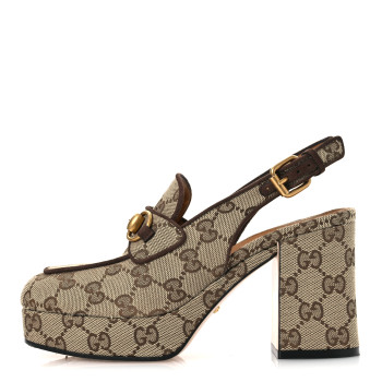 GUCCI Monogram Kid Scamosciato Horsebit Platform 25/85mm Slingback Mules 35.5 Beige Ebony New Acero