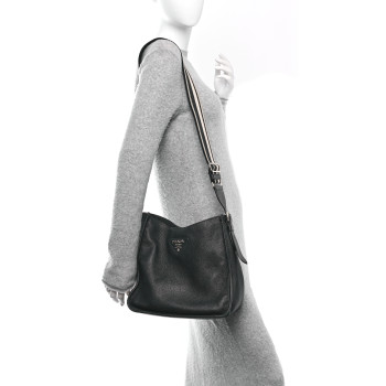 PRADA Vitello Daino Soft Hobo Messenger Bag Black