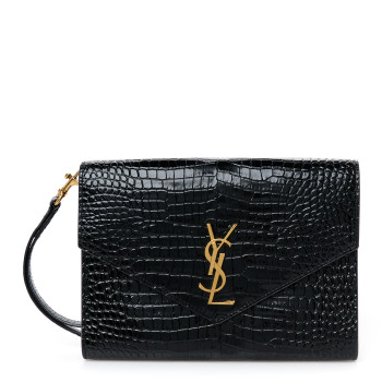 SAINT LAURENT Calfskin Crocodile Embossed Monogram Cassandre Flap Pouch Black