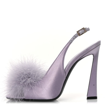SAINT LAURENT Crepe Satin Mae Feathered Sandals Slight 38 Poly Grey