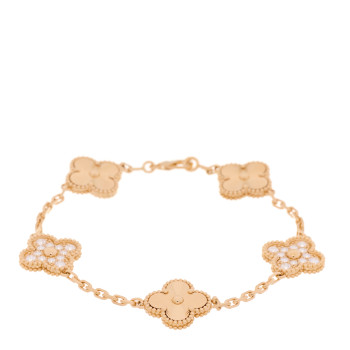 VAN CLEEF & ARPELS 18K Yellow Gold Diamond 5 Motifs Guilloche Vintage Alhambra Bracelet