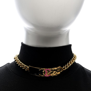CHANEL Metal Enamel CC ID Choker Necklace Gold Black Pink