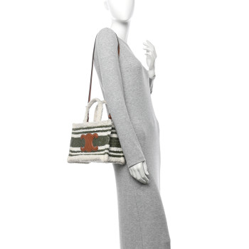 CELINE Stripe Triomphe Small Cabas Thais Khaki Tan
