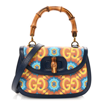 GUCCI Calfskin Kaleidoscope Medium Bamboo 1947 Top Handle Bag Blue Orange Multicolor Blue Agata