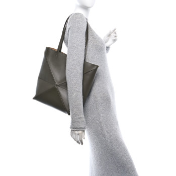 LOEWE Shiny Calfskin Medium Puzzle Fold Tote Dark Khaki Green