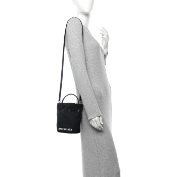 BALENCIAGA Recycled Sport Nylon Logo Embroidered Wheel Drawstring Bucket Bag Black White