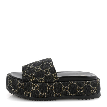 GUCCI Jacquard Black Denim GG Monogram Angelina Platform 55mm Slide Sandals 36.5 Black Ivory