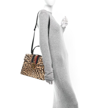 GUCCI Calf Hair Leopard Print Medium Sylvie Top Handle Bag Naturale Black